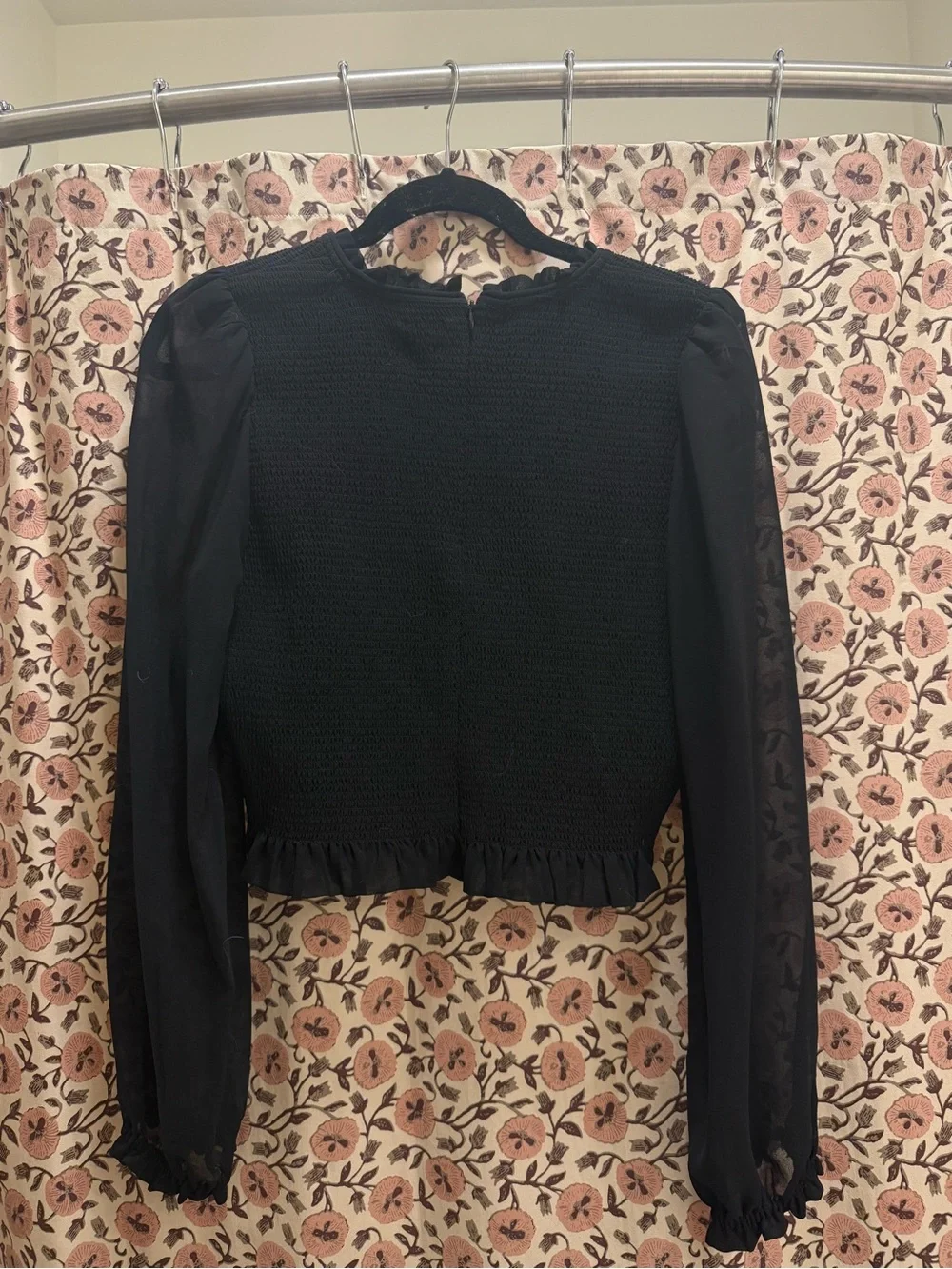 Aritzia Black Smocked Long-Sleeve Ruffle-Hem Blouse
